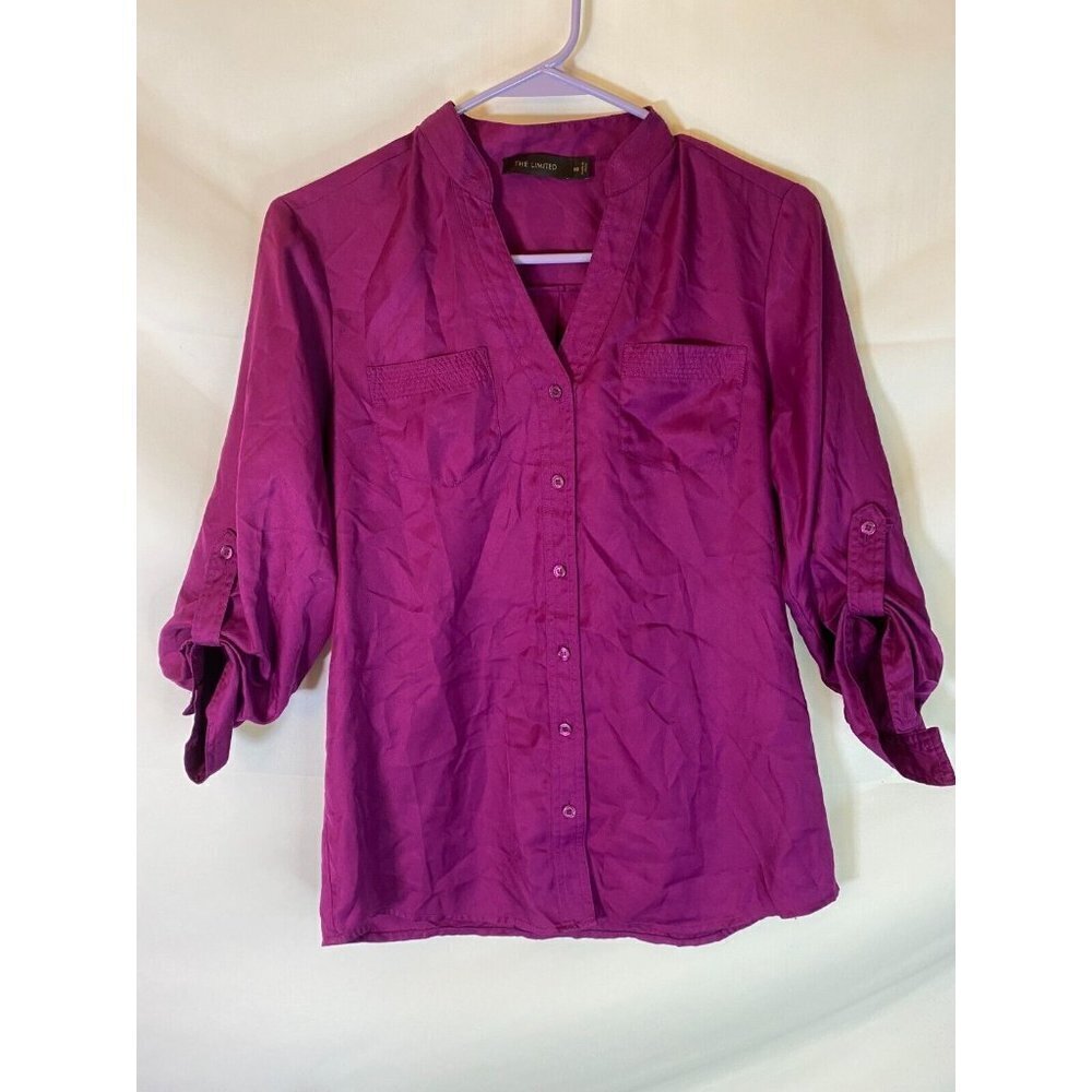 Bright Jewel Color Deep Purple Top Women's XS V-neck Buttons Office Scandi